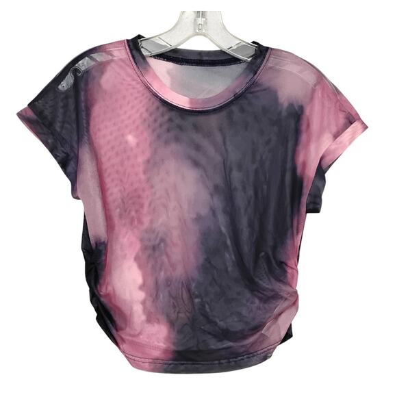 Dazy See Thru Watercolor Top Size Large Pink/Blue Short Sleeve Ruched Sides NWT - Picture 3 of 8